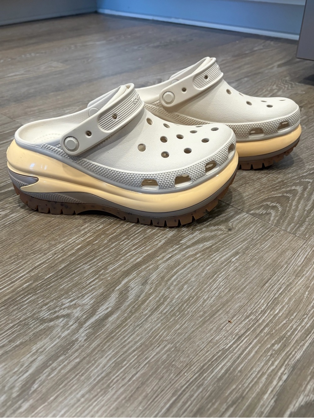CROCS Women's Cream Platform Clogs with Tan Sole